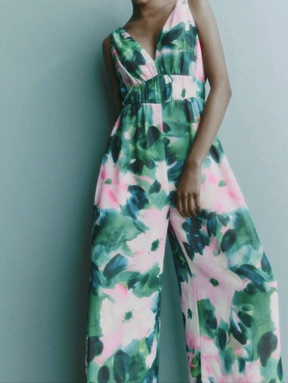 Zara Pink & Green Floral V-Neck Wide Leg Jumpsuit...Size:S